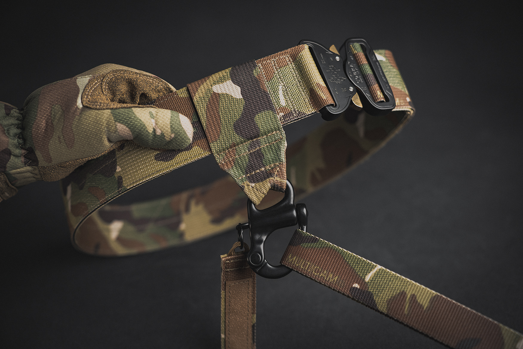 K9 GunFighter Lead Release mounted to a 2 Inch Duty Belt in Multicam